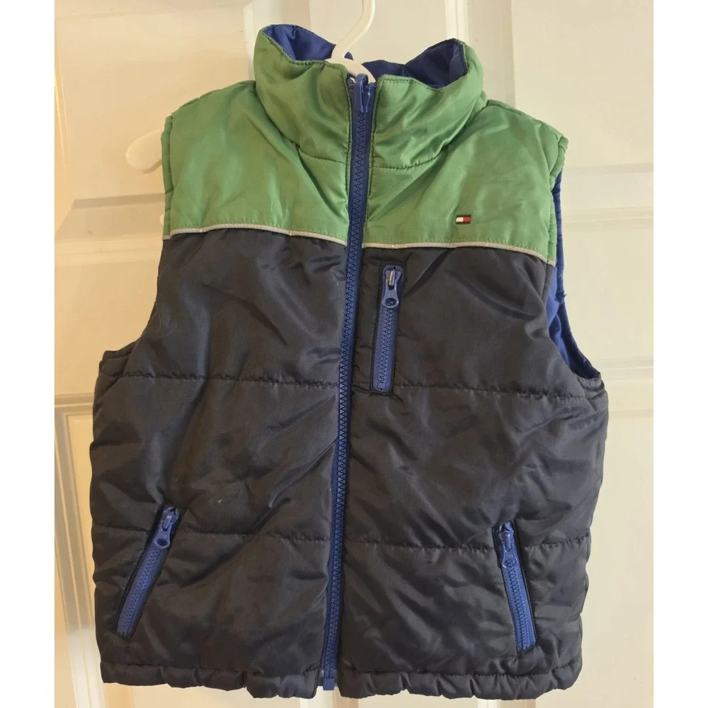 Tommy Hilfiger Boys 3/6T Reversible Puffer Vest Navy Green Colorblock Zip